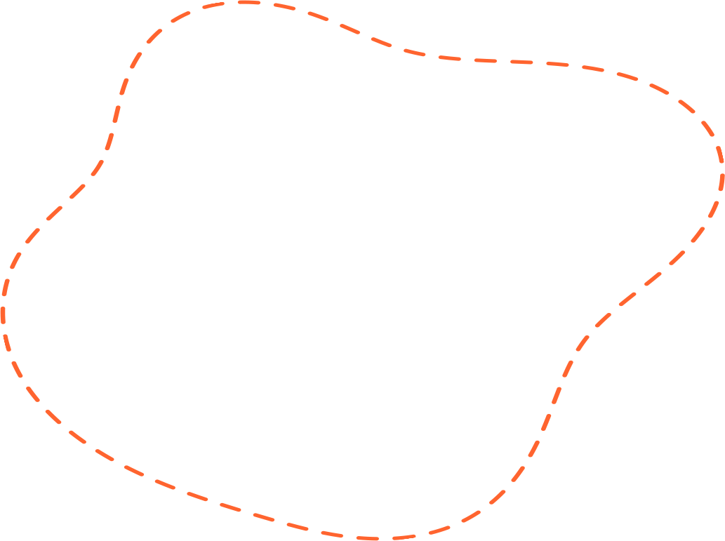 An irregular, wavy shape outlined with a dashed orange line on a white background. Reminiscent of a blob or an organic figure, the form brings to mind an abstract representation of the playful trails at Dog Hotel Riverhead.