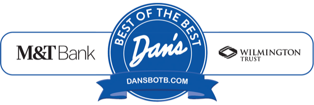 A "Best of the Best" emblem from DansBOTB.com, featuring logos for M&T Bank and Wilmington Trust, now proudly displayed at Riverhead's dog hotel. The circular badge is blue and white with "Dan's" prominently in the center.