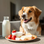 A happy dog sits at a table with a bottle of milk, a bowl of yogurt, fresh strawberries, and slices of cheese on a plate, all on a woven mat. Bright sunlight illuminates the scene from the side.