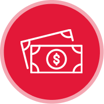 White line drawing of two overlapping dollar bills with a dollar sign in the center, set against a solid red circular background with a light pink border, representing payment options for dog hotel services.