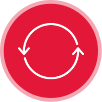 A white circular arrow with two points forming a loop, centered on a solid red background with a pink border, symbolizes the seamless care and attention of premium dog hotel services.